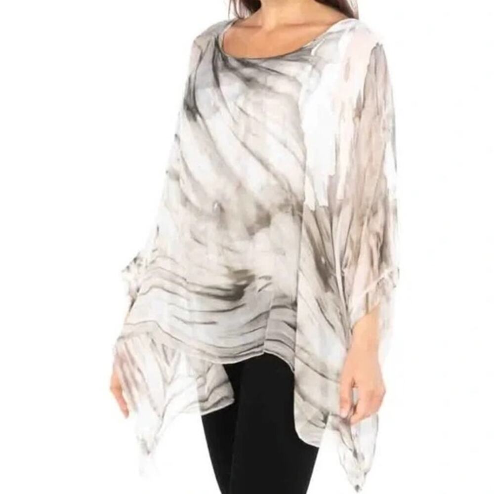 Scandal Italy OS Silk Blend Boho Chic Flowy Tie Dye Neutral Tunic Caftan Blouse